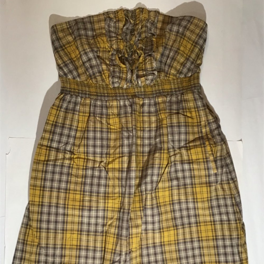 Anthropologie Maeve Mustard Plaid Strapless Dress Size Medium
